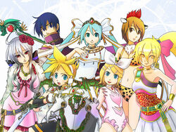  2boys 5girls akita_neru angel_leotard animal_ears animal_print armor bianca_(dq5) bianca_(dq5)_(cosplay) bikini blonde_hair blue_eyes blue_hair blush borongo borongo_(cosplay) bow breasts brown_eyes brown_hair cat_ears cleavage commentary_request cosplay deborah_(dq5) deborah_(dq5)_(cosplay) dragon dragon_quest dragon_quest_v dress feather_boa flora_(dq5) flora_(dq5)_(cosplay) flower grey_hair hair_flower hair_ornament hairbow hatsune_miku hero&#039;s_daughter_(dq5) hero&#039;s_son_(dq5) hero&#039;s_son_(dq5)_(cosplay) hero_(dq5) hero_(dq5)_(cosplay) kagamine_len kagamine_rin kaito_(vocaloid) leopard_print leotard long_hair medium_breasts meiko_(vocaloid) multiple_boys multiple_girls partial_commentary photoshop_(medium) pink_bow pink_leotard ponytail purple_eyes purple_hair red_eyes rose shibuchoo shield short_hair small_breasts staff swimsuit sword twintails very_long_hair vocaloid weapon white_leotard yellow_eyes yowane_haku 