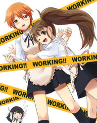  3girls apron caution_tape hug inami_mahiru kazuki_sanbi multiple_girls one_eye_closed ponytail skirt taneshima_popura working!! yamada_aoi 