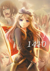  2girls 4boys arrow_(projectile) axis_powers_hetalia battle battle_of_grunwald belarus belarus_(hetalia) blonde_hair bow_(weapon) brown_hair capelet closed_eyes dagger dress flag green_eyes grin hair_ribbon highres knife lithuania lithuania_(hetalia) long_hair medieval multiple_boys multiple_girls photoshop_(medium) pink_eyes poland_(hetalia) ponytail prussia_(hetalia) purple_eyes quiver ribbon russia_(hetalia) sasano_shiki scan short_hair smile sunlight twilight ukraine_(hetalia) weapon 