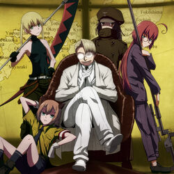  2boys 3girls anti-materiel_rifle baka_to_test_to_shoukanjuu bakemonogatari bolt_action captain_(hellsing) captain_(hellsing)_(cosplay) chair commentary_request cosplay crossed_legs crossover darker_than_black gun hat hellsing kanna_asuke kinoshita_hideyoshi major_(hellsing) maka_albarn monogatari_(series) multiple_boys multiple_crossover multiple_girls necktie oerba_yun_fang otoko_no_ko propaganda ptrd-41 rifle rip_van_winkle rip_van_winkle_(cosplay) schroedinger_(hellsing) schroedinger_(hellsing)_(cosplay) scythe sengoku_nadeko sitting sniper_rifle soul_eater suou_pavlichenko weapon zorin_blitz zorin_blitz_(cosplay) 