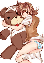  ass blue_panties brown_hair commentary_request dress_shirt female kill_bear looking_back loose_socks misaka_mikoto no_pants noa_(meing) panties school_uniform shirt short_hair socks solo standing striped_clothes striped_panties summer_uniform sweater_vest toaru_kagaku_no_railgun toaru_majutsu_no_index tokiwadai_school_uniform underwear white_socks 