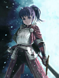  :&lt; antenna_hair armor demon&#039;s_souls female gauntlets gloves ponytail purple_eyes purple_hair sheath slayer_of_demons solo sword tantaka weapon 