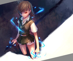  bad_id bad_pixiv_id brown_hair brown_sweater_vest electricity electrokinesis eyelashes female glowing glowing_eyes holding holding_sword holding_weapon kneeling magnetism medium_hair metal metal_sand misaka_mikoto monono no_emblem photoshop_(medium) pleated_skirt psychic red_eyes school_uniform science_fiction short_shorts shorts shorts_under_skirt skirt solo summer_uniform sweater_vest sword toaru_kagaku_no_railgun toaru_majutsu_no_index tokiwadai_school_uniform torn_clothes weapon 