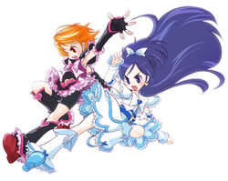  2girls :o arm_up bad_id bad_pixiv_id bike_shorts black_footwear blue_eyes blue_hair blush boots bow brooch brown_eyes chitose_kiiro cure_black cure_white dress fingerless_gloves frills futari_wa_precure gloves half_updo heart heart_brooch jewelry kicking knee_boots leg_warmers long_hair magical_girl misumi_nagisa multiple_girls orange_hair photoshop_(medium) pink_bow precure ribbon short_hair shorts shorts_under_skirt white_background white_footwear yukishiro_honoka 