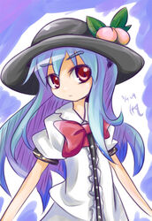  bad_id bad_pixiv_id blue_hair female food fruit hat hinanawi_tenshi long_hair peach red_eyes solo sora-amaori touhou 