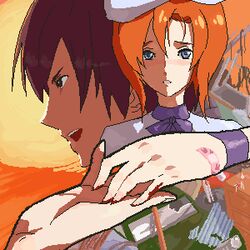  1boy bad_id bad_pixiv_id bandaid blood blue_eyes brown_hair commentary_request female hand_on_another&#039;s_hand hands hat higurashi_no_naku_koro_ni kon_(kdash) lowres maebara_keiichi oekaki orange_hair profile ryuuguu_rena short_hair smile wristband 