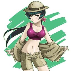  blush bontenmaru commentary_request crop_top female green_hair gundam gundam_00 helmet long_hair midriff pith_helmet ponytail shirt shorts smile solo tank_top taut_clothes taut_shirt unbuttoned undressing wang_liu_mei yellow_eyes 