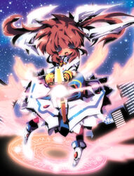  aiming aiming_at_viewer blue_eyes brown_hair circle_skirt cityscape commentary_request dangomushi female full_body long_hair lyrical_nanoha magic_circle mahou_shoujo_lyrical_nanoha mahou_shoujo_lyrical_nanoha_the_movie_1st raising_heart raising_heart_(cannon_mode) solo staff takamachi_nanoha takamachi_nanoha_(movie_1st_mode) twintails weapon winged_footwear 