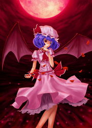  bad_id bad_pixiv_id bat_wings blood blue_hair bow c.z. dress female full_moon hat highres moon petals red_eyes red_moon remilia_scarlet ribbon solo touhou wings wrist_cuffs 