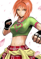  babydoll_t-shirt bad_id bad_pixiv_id cherry_blossoms clothes_around_waist crop_top cropped_shirt female fingerless_gloves gloves green_shirt jewelry midriff miniskirt moe_habana navel necklace orange_eyes orange_hair photoshop_(medium) plaid plaid_skirt shirt short_hair simple_background skirt solo sweater sweater_around_waist the_king_of_fighters the_king_of_fighters_ex white_background yellow_eyes ying_mao 