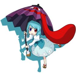  blue_eyes blue_hair commentary_request female full_body heterochromia highres karakasa_obake netachou purple_umbrella red_eyes solo tatara_kogasa tongue touhou transparent_background umbrella 