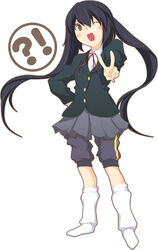  !? akaho_sakura bad_id bad_pixiv_id black_hair brown_eyes female k-on! long_hair nakano_azusa one_eye_closed sakuragaoka_high_school_uniform school_uniform socks solo thigh_shorts twintails v 