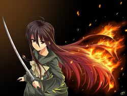  alastor_(shakugan_no_shana) commentary female fire heterochromia jewelry long_hair multicolored_hair pendant shakugan_no_shana shana solo sword un4lord weapon 