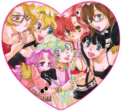  1boy 6+girls black_hair blonde_hair brown_hair character_request commentary_request cross-shaped_pupils darry_adai everyone glasses heart hoshino_hitsuki kinon_bachika kiyal_bachika kiyoh_bachika leite_jokin multiple_girls nia_teppelin oerba_yun_fang pink_hair red_hair symbol-shaped_pupils tengen_toppa_gurren_lagann yellow_eyes yoko_littner 