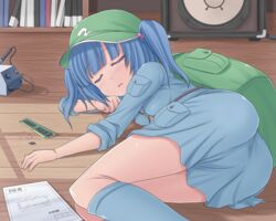  amane_hasuhito ass backpack bad_id bad_pixiv_id bag blue_hair closed_eyes contemporary female hair_bobbles hair_ornament hat kawashiro_nitori lying on_side ram_(computer) short_hair sleeping sleeves_rolled_up soldering_iron solo touhou twintails two_side_up 