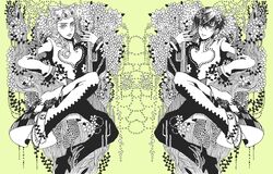  1boy alternate_hairstyle braid commentary_request dual_persona flower giorno_giovanna green_theme haruno_shiobana jojo_no_kimyou_na_bouken male_focus monochrome nosuke_(umiboshi) plant ponytail symmetry vento_aureo yellow_background 