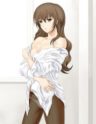  breasts brown_eyes brown_hair brown_pantyhose cleavage commentary_request female kiyama_harumi medium_breasts panties panties_under_pantyhose pantyhose shirt sleeves_pushed_up solo toaru_kagaku_no_railgun toaru_majutsu_no_index tonbidou underwear white_shirt 