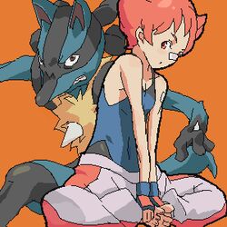  bad_id bad_pixiv_id barefoot butterfly_sitting commentary_request female hands_on_feet kon_(kdash) lowres lucario maylene_(pokemon) oekaki pink_eyes pink_hair pokemon pokemon_(creature) pokemon_dppt sitting 