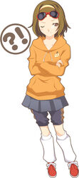  !? akaho_sakura bad_id bad_pixiv_id brown_eyes brown_hair crossed_arms female hairband hood hoodie k-on! one_eye_closed short_hair skirt socks solo sunglasses tainaka_ritsu thigh_shorts tomboy 