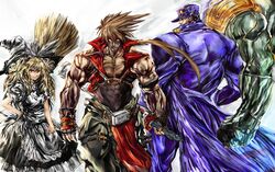  3boys bad_id bad_pixiv_id belt biceps black_dress braid broom clenched_hand commentary_request crossover dress female fingerless_gloves fireseal frills gauntlets gloves guilty_gear hat highres jojo_no_kimyou_na_bouken kirisame_marisa kujo_jotaro kuro_kichi long_hair m.u.g.e.n manly multiple_boys multiple_crossover muscular puffy_short_sleeves puffy_sleeves short_sleeves single_braid smile sol_badguy spiked_hair stand_(jojo) star_platinum touhou 