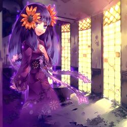  abandoned blue_eyes blue_hair chiyo_(fragile) commentary_request female flower fragile:_sayonara_tsuki_no_haikyo hair_flower hair_ornament japanese_clothes long_hair solo spirit sunakumo window 