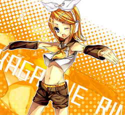  aobara armpits artistic_error blonde_hair blue_eyes commentary_request crop_top detached_sleeves dutch_angle female hair_ornament hair_ribbon hairclip headphones kagamine_rin midriff navel one_eye_closed open_clothes open_shorts outstretched_arms panties partial_commentary polka_dot polka_dot_panties ribbon shirt short_hair shorts sleeveless sleeveless_shirt solo spread_arms standing underwear vocaloid wind wind_lift wrong_hand yellow_panties yellow_theme zoom_layer 