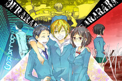  2boys bandages binary black_hair blonde_hair blood blue_eyes bob_cut breasts cellphone chinese_commentary commentary_request durarara!! female flag glasses kida_masaomi large_breasts moonbreak multiple_boys one_eye_closed phone pleated_skirt raira_academy_school_uniform red_eyes ryuugamine_mikado scarf school_uniform short_hair skirt sonohara_anri sword weapon yellow_eyes 