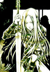  amputee claymore_(series) female frown holding holding_sword holding_weapon irene_(claymore) koujakurou_(artist) long_hair pointy_ears shadow solo strap sword weapon 