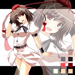  bad_id bad_pixiv_id blouse blush bow bowtie bracelet brown_eyes brown_hair female hat ibuki_pon jewelry looking_at_viewer no_pants open_mouth panties pink_panties red_eyes ribbon shameimaru_aya shirt short_hair smile solo standing striped_clothes striped_panties tokin_hat touhou underwear zoom_layer 