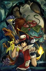  1boy bad_deviantart_id bad_id baseball_cap blastoise cave charizard espeon flame-tipped_tail forked_tail hat mt._silver pikachu pixiv_red poke_ball poke_ball_(basic) pokemon pokemon_(creature) pokemon_gsc pokemon_on_arm pokemon_rgby red_(pokemon) snorlax starter_pokemon_trio suikuzu tail venusaur 