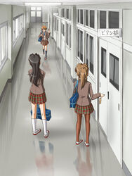  3girls bag black_hair blazer brown_eyes brown_hair commentary_request from_behind fujimoto_atsuko hallway highres hikushibe_aya jacket legs lielos long_hair multiple_girls necktie original pantyhose pigeon-toed plaid plaid_skirt pleated_skirt poniko_(lielos) ponytail reflection school school_bag school_uniform shoes short_hair skirt sweater uwabaki 