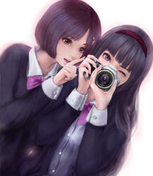  2girls black_hair blazer camera commentary_request dutch_angle hairband jacket long_hair long_sleeves looking_at_another looking_at_viewer mamoru_(mamoru_jinja) multiple_girls one_eye_closed open_mouth orange_eyes original outline photoshop_(medium) pink_outline purple_eyes school_uniform short_hair simple_background upper_body 