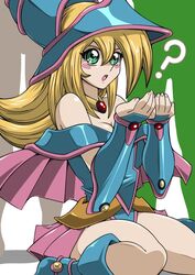  ? bare_shoulders blonde_hair blue_footwear blush_stickers boots breasts cleavage clueless commentary_request dark_magician_girl duel_monster female green_eyes kneeling legs long_hair medium_breasts solo straw_(yokubou_hiroba) white_day yu-gi-oh! 