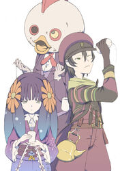  2boys artist_request black_hair blue_hair chicken_costume chiyo_(fragile) crow_(fragile) cup female flower fragile:_sayonara_tsuki_no_haikyo green_eyes hair_flower hair_ornament hat japanese_clothes kettle long_hair multiple_boys short_hair string_phone teapot the_merchant_(fragile) 