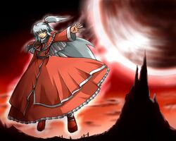  bad_id bad_pixiv_id female grey_eyes grey_hair hair_bobbles hair_ornament long_hair magic makai_(touhou) one_side_up red_sky shinki_(touhou) sky solo sora_no_amagumo touhou touhou_(pc-98) very_long_hair 