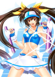  bow brown_hair commentary female fingerless_gloves gloves hasumi_eri long_hair midriff miniskirt navel orange_eyes photoshop_(medium) skirt solo tonfa twintails un4lord vanguard_princess visor_cap weapon yellow_bow 