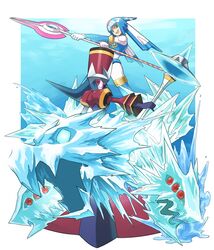  2girls blue_eyes blue_hair bodysuit boots commentary_request crop_top crossover em_wave_change_(mega_man) fairy_leviathan_(mega_man) grey_bodysuit holding holding_polearm holding_weapon ice kin_niku mega_man_(series) mega_man_star_force mega_man_zero_(series) mega_man_zero_2 multiple_girls polearm power_connection queen_tia_(mega_man) queen_virgo_(mega_man) spear thigh_boots weapon 