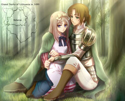  1boy apron armor axis_powers_hetalia bad_id bad_pixiv_id belarus belarus_(hetalia) blue_eyes boots brown_hair cloak couple dress female forest green_eyes grey_hair hair_ribbon historical_connection lithuania lithuania_(hetalia) map medieval nature pout ribbon sasano_shiki sitting straight sunlight 