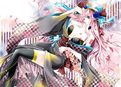  blue_eyes blue_lips blue_nails breasts cleavage coco_(eccentricrouge) commentary_request female flower grey_kimono hair_flower hair_ornament hair_ribbon headband japanese_clothes kimono large_breasts lipstick long_hair makeup megurine_luka nail_polish open_clothes petals photoshop_(medium) pink_hair ribbon solo tattoo thighhighs vocaloid 