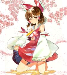  bare_shoulders barefoot bow brown_eyes brown_hair cherry_blossoms commentary_request detached_sleeves female hairbow hakurei_reimu kneeling looking_at_viewer marker_(medium) nib_pen_(medium) ogawa_maiko petticoat red_bow red_skirt skirt skirt_hold solo staring touhou traditional_media 