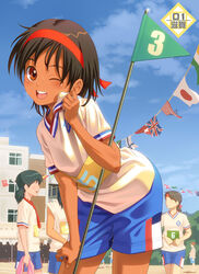  3girls ;d american_flag australian_flag belgian_flag black_hair brazilian_flag canadian_flag cowboy_shot dark-skinned_female dark_skin finnish_flag flag flags_of_all_nations french_flag gym_shorts gym_uniform headband indian_flag japanese_flag multiple_girls numbered_flag one_eye_closed open_mouth original outdoors pairan short_hair shorts smile south_korean_flag sports_festival string_of_flags sweat swiss_flag tan tanzanian_flag thai_flag turkish_flag union_jack 