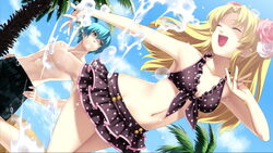  1boy atelier_(series) bikini blonde_hair blue_eyes blue_hair closed_eyes cross_edge female flower frills hirano_katsuyuki liliane_vehlendorf long_hair mana_khemia_(series) mana_khemia_2 navel outdoors palm_tree pink_flower pink_rose polka_dot polka_dot_bikini polka_dot_swimsuit rose rozeluxe_meitzen splashing swimsuit tree white_flower white_rose 