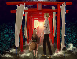  2boys androgynous animal_ears barefoot commentary fox_ears fox_tail holding_hands japanese_clothes kimono kogitsune_(natsume_yuujinchou) multiple_boys naoki_(naifuku_jelly) natsume_takashi natsume_yuujinchou tail torii 