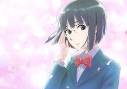  bad_id bad_pixiv_id black_eyes black_hair bob_cut cherry_blossoms durarara!! female glasses isshiki_tarou petals photoshop_(medium) raira_academy_school_uniform school_uniform short_hair solo sonohara_anri 