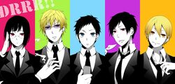  4boys bad_id bad_pixiv_id cellphone column_lineup durarara!! female formal glasses heiwajima_shizuo kida_masaomi multiple_boys necktie orihara_izaya phone ryuugamine_mikado shivue smoking sonohara_anri suit sunglasses 