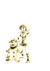  buttons chiba_(tibaacss) commentary_request female kneehighs miltank monochrome pokemon pokemon_(creature) pokemon_hgss sepia shorts socks striped_clothes striped_socks twintails udder whitney_(pokemon) 