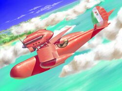  1boy aircraft airplane cloud commentary_request day dutch_angle flying flying_boat kazu_i kurenai_no_buta pig_boy porco_rosso_(character) savoia_s.21 vehicle_focus water 