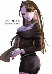  asymmetrical_bangs black_jacket black_skirt breasts brown_eyes brown_hair cleavage closed_mouth earrings female from_side gyakuten_saiban highres jacket jewelry large_breasts long_sleeves looking_at_viewer magatama mia_fey mole mole_under_eye rat_nkmi scarf skirt solo stud_earrings white_background 
