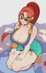  1girls alternate_costume beach beauty_mark big_breasts breasts cassie_(paladins) cleavage female female_only glasses hands_on_own_thighs large_breasts long_breasts looking_at_viewer looking_over_eyewear looking_over_glasses lots_of_jewelry on_knees paladins ponytail red_hair redhead solo splashbrush sunglasses sunkissed_cassie tight_dress tinted_eyewear 