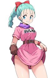  aqua_hair belt blue_eyes bracelet braid brown_belt brown_gloves bulma_briefs character_name clothes_lift dragon_ball dragon_ball_(classic) dress female gloves grin hair_ribbon highres ikaringo_(ikaringo4444) jewelry looking_at_viewer pink_dress purple_scarf red_ribbon ribbon scarf smile solo white_background 